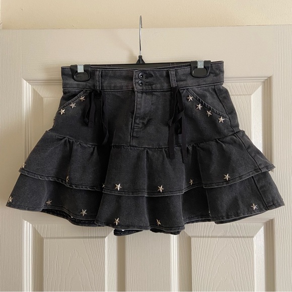 Social Collision Studded Denim Mini Skirt - Picture 1 of 4
